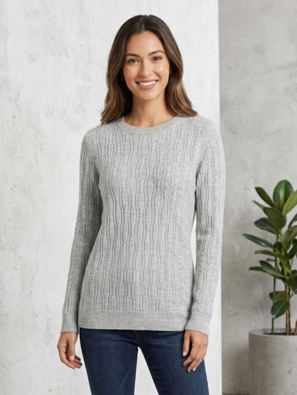 Women's Cable-Knit Crewneck Light Gray Merino Cashemere Blend Large